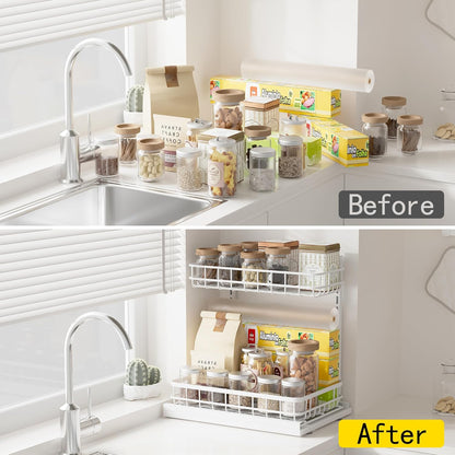 Under Sink Organizer, Adjustable Height Pull-Out Kitchen Storage Organization,15.8" x 11.8" x 16.5",2-Tier Kitchen Shelf,Bathroom Drawer Organizer, White
