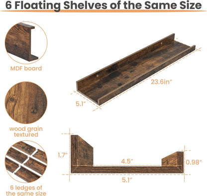 upsimples Floating Shelves for Wall, 23.6 Inch Shelves for Decor Storage Set of 6, Wall Mounted Wood Shelf for Bedroom, Living Room, Bathroom, Kitchen, Long Picture Ledge Shelves, Brown