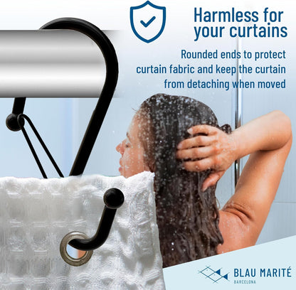 Set of 12 Black Metal S Hook Shower Hooks 1” – Closed, Heavy Duty, Long Decorative Shower Curtain Hooks, Easy Glide, Buckle, Large Rust Resistant Rings for Bathroom Rods (Black, S)