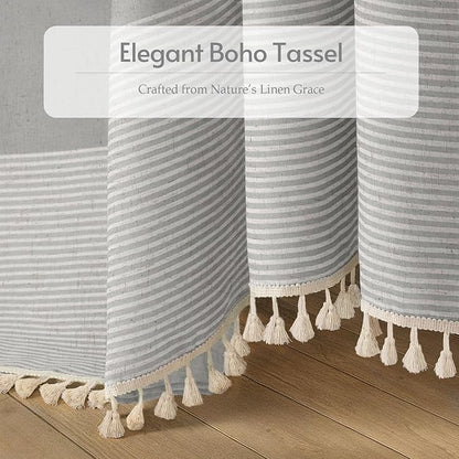 XOGUIBO Grey Shower Curtain Farmhouse Linen Striped Shower Curtains for Bathroom with Tassel 48 X 72