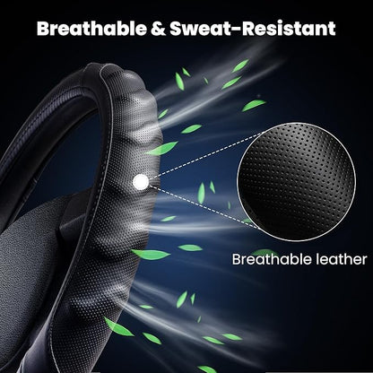 Carbon Fiber Steering Wheel Cover – 15 Inch Universal Fit for Cars & SUVs – Anti-Slip Grip, Breathable Leather Texture, Sporty Carbon Fiber Look – Premium Car Interior Accessories – Black