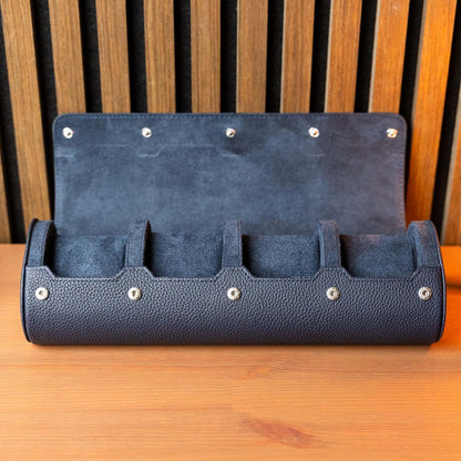 DailyWatch | Personalized Watch Roll Travel Case For 4 Watches - Handmade Genuine Leather Travel Case With Custom Engraving of Name or Initials - Navy Blue