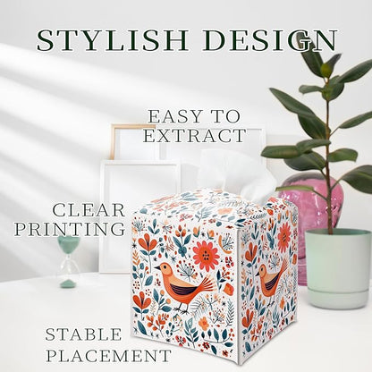 Floral Bird Tissue Box Holder, Scandinavian Leather Tissue Box Cover Square, Paper Napkins Everyday Dispenser for Bathroom Vanity Countertop Night Stands Kitchen Office Car Home Decor