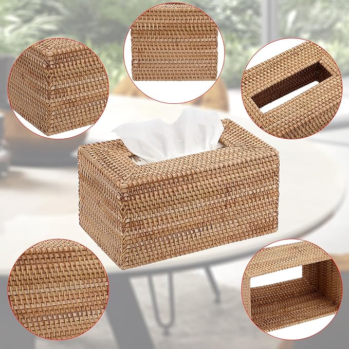 Sumnacon Tissue Box Cover Large Rectangle Tissue Box Rattan Tissue Box Holder,Wicker Decorative Tissue Holder for Bathroom Toilet Living Room Kitchen Office Table Desk,Yellow