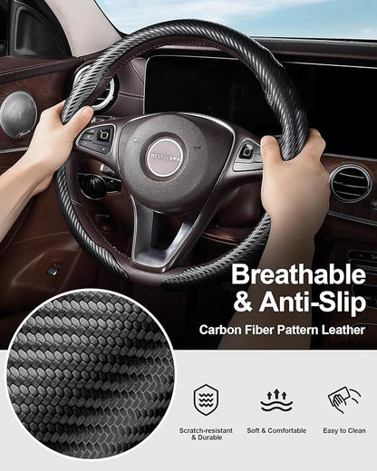 West Llama Carbon Fiber Car Steering Wheel Cove,rThin Steering Wheel Wrap Universal 14.5-15 Inch,Fit Cars,SUVs,Trucks(Black-O-Shaped)
