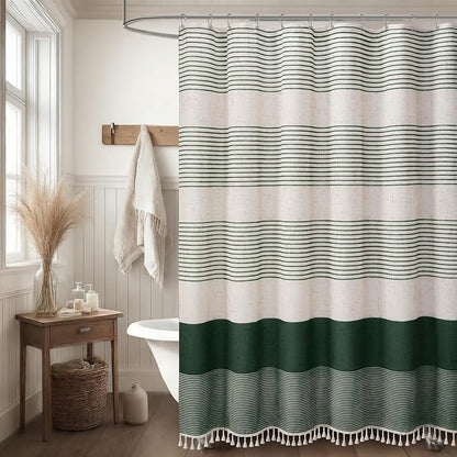 XOGUIBO Dark Green Shower Shower Curtain Boho Linen Striped Shower Curtains for Bathroom with Tassel 72 X 72