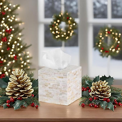 PEMAR 5.9″ Handmade Mother of Pearl Tissue Box Cover – Acacia Wood Cube, 5.35″ Interior Fits 5″ Square Boxes, Sliding Bottom, Lacquer Rustic Farmhouse Decor (Milano)