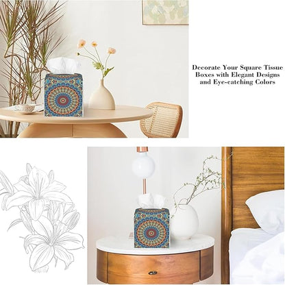 Boho Mandala Flower Tissue Box Cover,Abstract Mandala Floral Waterproof Leather Square Tissue Box Cover Case Facial Paper Organizer Dispenser Box Holder for Home Office Bathroom Vanity Countertop