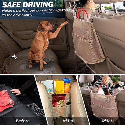 eing Car Net Pocket Handbag Holder Between Seats Back Storage Organizer 3 - Layers Purse Holder for Console Front Seat Storage Barrier, Beige