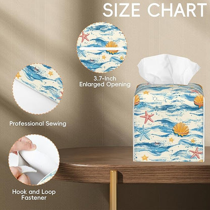 Tissue Box Cover Leather Tissue Box Holder Cube Tissue Case Cover Facial Paper Organizer Dispenser for Bathroom, Vanity Countertop, Office Desk (Watercolor Seashell and Starfish)