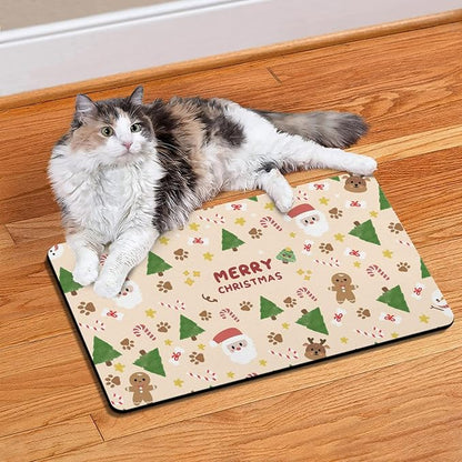 Christmas Dog Food & Water Mat, Paw Prints Santa Claus Snowman Xmas Pet Feeding Mat for Floor Non-Slip Waterproof, Super Absorbent Cat Bowl Mat, Easy to Clean Pet Placemat,24" × 32"