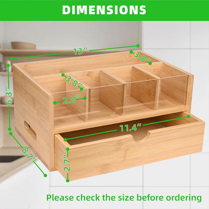 Tea Bag Organizer, Bamboo Tea Organizers and Storage, Tea Box Organizer Storage Box with Drawer, Portable Tea Bag Holder Organizer, Tea Storage Organizer for Countertop, Pantry, Kitchen