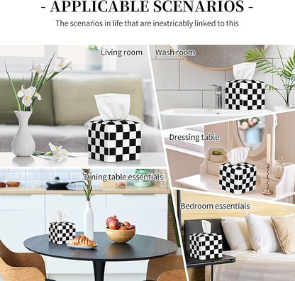 Black and White Checkerboard Tissue Box Cover Square,Square Grid Checkered Tissue Box Holder Waterproof Leather Facial Paper Organizer Dispenser for Bathroom Home Car Nightstand Vanity Desk