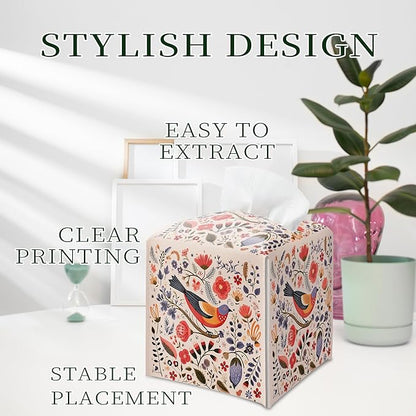 Scandi Bird Tissue Box Holder, Scandinavian Boho Leather Tissue Box Cover Square, Paper Napkins Everyday Dispenser for Bathroom Vanity Countertop Night Stands Kitchen Office Car Home Decor
