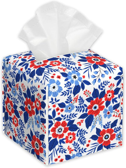 Red and Blue Flowers Tissue Box Cover Square,Tissue Box Holder with Belt Bottom,Stylish Leather Napkin Holder for Vanity Countertop,Nightstands,Office Desk,5.2"×5.2"×5.2"