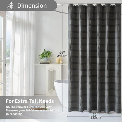 Lameirose Extra Long Grey Shower Curtain Farmhouse,72 x 96 Cotton Blend Waffle Tufted Striped Chic Textured Fabric Shower Curtain for Bathroom, Hotel