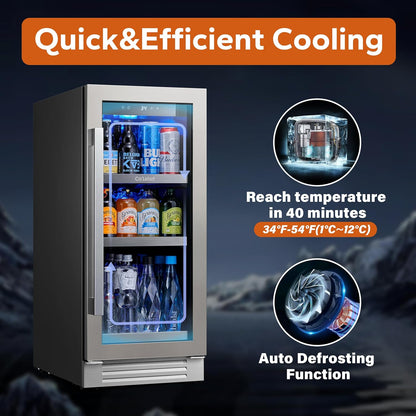 Ca'Lefort 15 Inch Beverage Refrigerator - 100 Can Small Beverage Fridge, Drink Fridge Glass Door 3 LED 34°F -54°F Beverage Cooler Built-in or Freestanding, Perfect for Home/Kitchen(3.0 cu.ft)