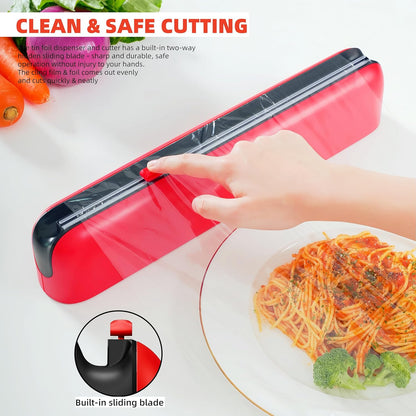 Aluminum Foil & Plastic Wrap Dispenser with Cutter - Easy One-Hand Operation, Space-Saving Kitchen Organizer for Worktops & Cabinets, Magnetic Cling Film Dispenser - Fits 12" Rolls, Red