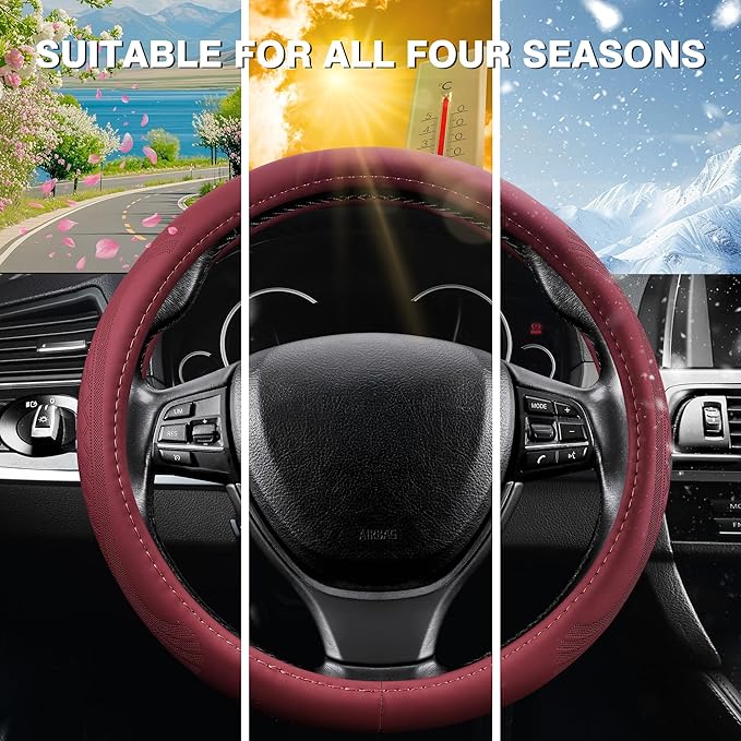 【2025 Model】 Breathable Soft Leather Car Steering Wheel Cover for Men Women, Non-Slip, Comfortable,Universal 15 inches Steering Wheels, Red