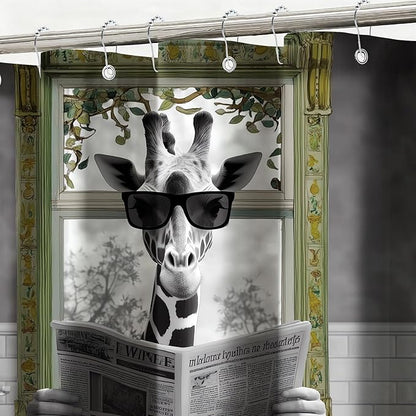 mutakin Rustic Shower Curtain Giraffe Reading Newspaper Shower Curtains for Bathroom Waterproof Fabric Bath Curtain Decor with Hooks