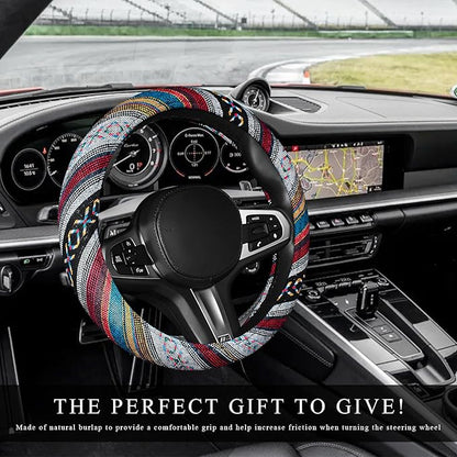 Boho Car Steering Wheel Cover, Ethnic Style Anti-Slip Coarse Flax Cloth Auto Wheel Cover, Bohemian Steering Wheel Protector for Most SUVs Vans Trucks, Car Accessories (Style D)