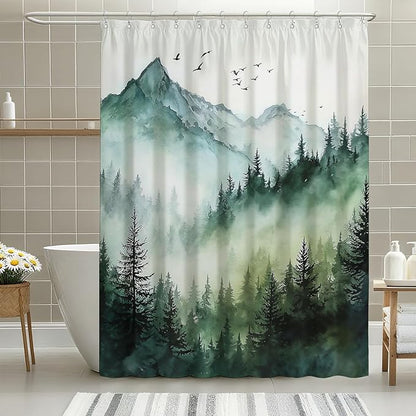 mutakin Mountain Tree Shower Curtain Watercolor Landscape Shower Curtains for Bathroom Waterproof Fabric Bath Curtain Decor with Hooks