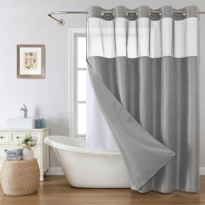 eachope Extra Long No Hook Shower Curtain with Snap-in Fabric Liner Set,Grey Waffle Weave Shower Curtains for Bathroom,Hotel Luxury Decor Bathroom Curtain Set,Waterproof & Washable,71Wx86H