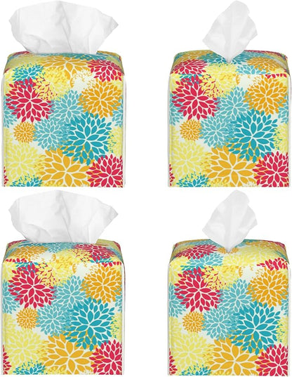 POIUBLE Chrysanthemum Flower Tissue Box Cover Leather Tissue Box Holder Square Facial Paper Organizer Dispenser for Bathroom Kitchen Bedroom Vanity Countertop Night Stands