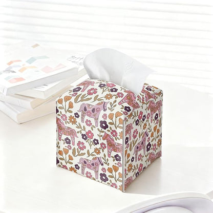 Pink Tissue Box Holder, Pink Floral Dala Horse Leather Tissue Box Cover Square, Paper Napkins Everyday Dispenser for Bathroom Vanity Countertop Night Stands Kitchen Office Home Decor