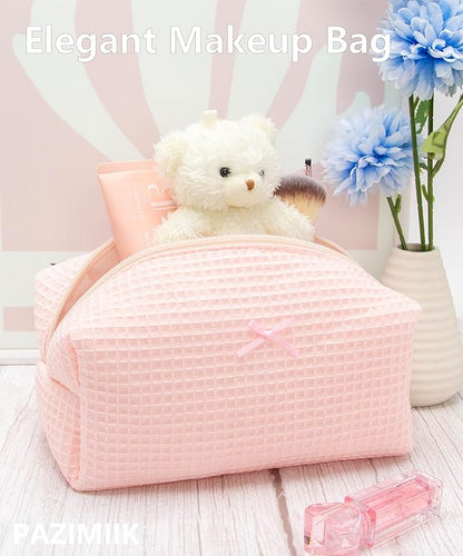 6PCS Cozy Makeup Bag Travel Cosmetic Bag for Women Soft Toiletry Bag Aesthetic Makeup Organizer Portable Large Zipper Pouch for Skincare Beauty Accessories Brushes Waffle Check Light Pink
