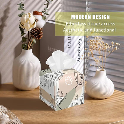BLYKVGHQ Square Tissue Box Cover Boho Tropical Leaves Tissue Box Holder Facial Cube Paper Dispenser Leather Decorative Organizer Home Office Desk Decor, 5.2"x5.2"x5.2"