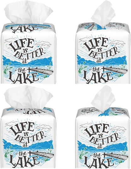 POIUBLE Leather Tissue Box Holder Life is Better at The Lake Tissue Box Cover Square Waterproof Tissue Holder Organizer Modern Napkin Holder for Bedroom Dresser Night Stand Office Desk