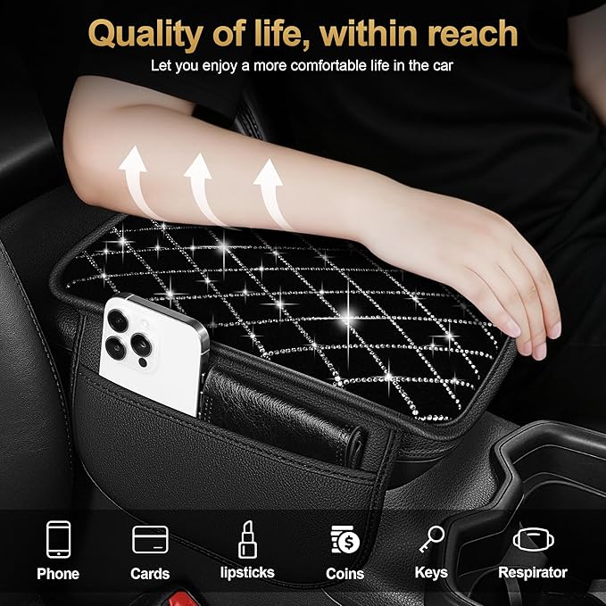 Center Console Cover Fit for TSX: Upgraded Bling Diamond Car Armrest Cover - Crystal Rhinestone Car Center Console Cover with 2 Storage Bags,Anti-Scratch Auto Armrest Pad Accessory （Black