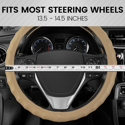 BDK Genuine Beige Leather Steering Wheel Cover for Car, Small 13.5-14 inch – Ergonomic Comfort Grip for Men & Women, Car Steering Wheel Cover for Vehicles with Small Steering Wheel