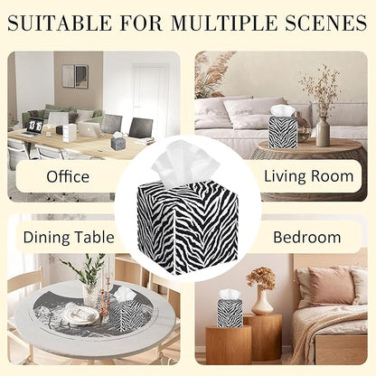 POIUBLE Tissue Box Holder Zebra Print Tissue Box Cover Square Leather Tissue Holder Organizer Portable Decorative Facial Paper Case for Home Office Bathroom Vanity Countertop