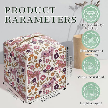 Pink Tissue Box Holder, Pink Floral Dala Horse Leather Tissue Box Cover Square, Paper Napkins Everyday Dispenser for Bathroom Vanity Countertop Night Stands Kitchen Office Home Decor