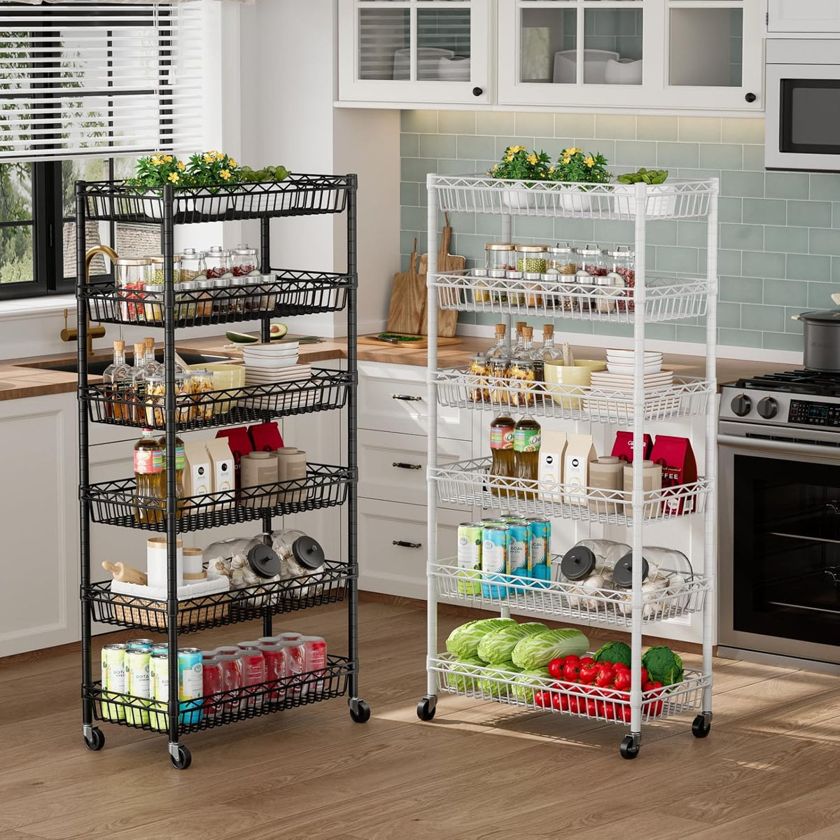 6 Shelves Storage Shelf Wire Closet Bathroom Organizers Metal Pantry Kitchen Garage Shelving Unit Laundry Room Organization Home Rack Net Basket Black with Wheels 30" Dx14 Wx65 H