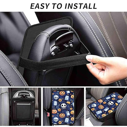 Skull Skellington Halloween Pumpkins Sunflowers Car Auto Armrest Cushion Cover Accessories Center Console Seat Box Pad Protector Universal Decoration for Most Vehicle SUV Truck