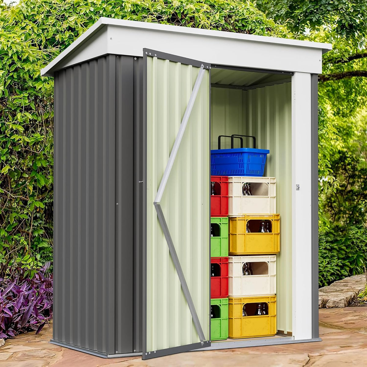 Furniwell 5x3 FT Outdoor Storage Shed, Metal Garden Sheds Outdoor Storage House with Single Lockable Door for Backyard Patio Lawn, Gray