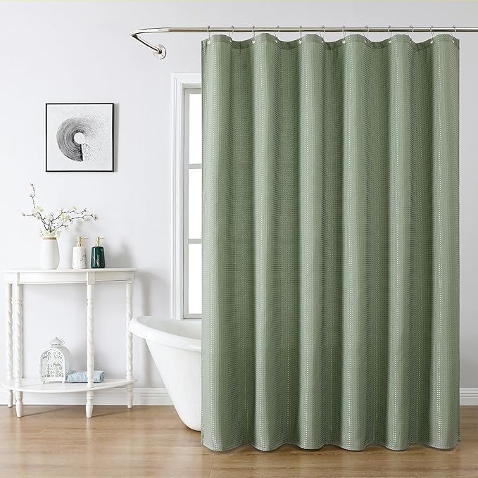 meioro Sage Green Shower Curtain, Waffle Weave 256GSM Heavy Duty Textured Fabric Shower Curtains for Bathroom Hotel Spa, Luxury Weighted Polyester Cloth Bath Curtain Set with 12 Hooks, 72Wx96H