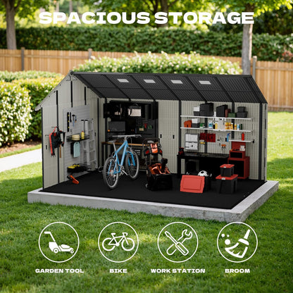 Devoko 10x14 FT Resin Outdoor Storage Shed with Floor, Plastic Tool Garden Shed with Windows & Lockable Door, Outside Large Storage Shed for Patio Backyard Lawn, Beige