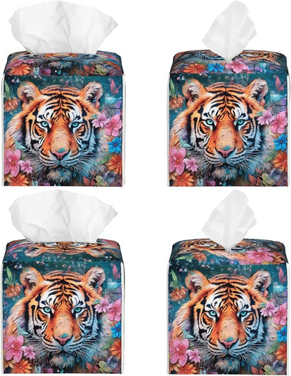 POIUBLE Leather Tissue Box Holder Tiger with Flowers Tissue Box Cover Square Waterproof Tissue Holder Organizer Modern Napkin Holder for Bedroom Dresser Night Stand Office Desk