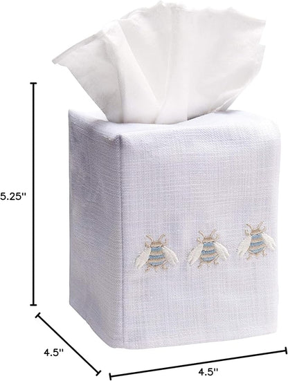 Jacaranda Living Square Tissue Box Cover, Linen/Cotton Fabric Tissue Holder, Decorative Cloth Tissue Cube Cover, Nature Designs Three Napoleon Bees (Duck Egg Blue)