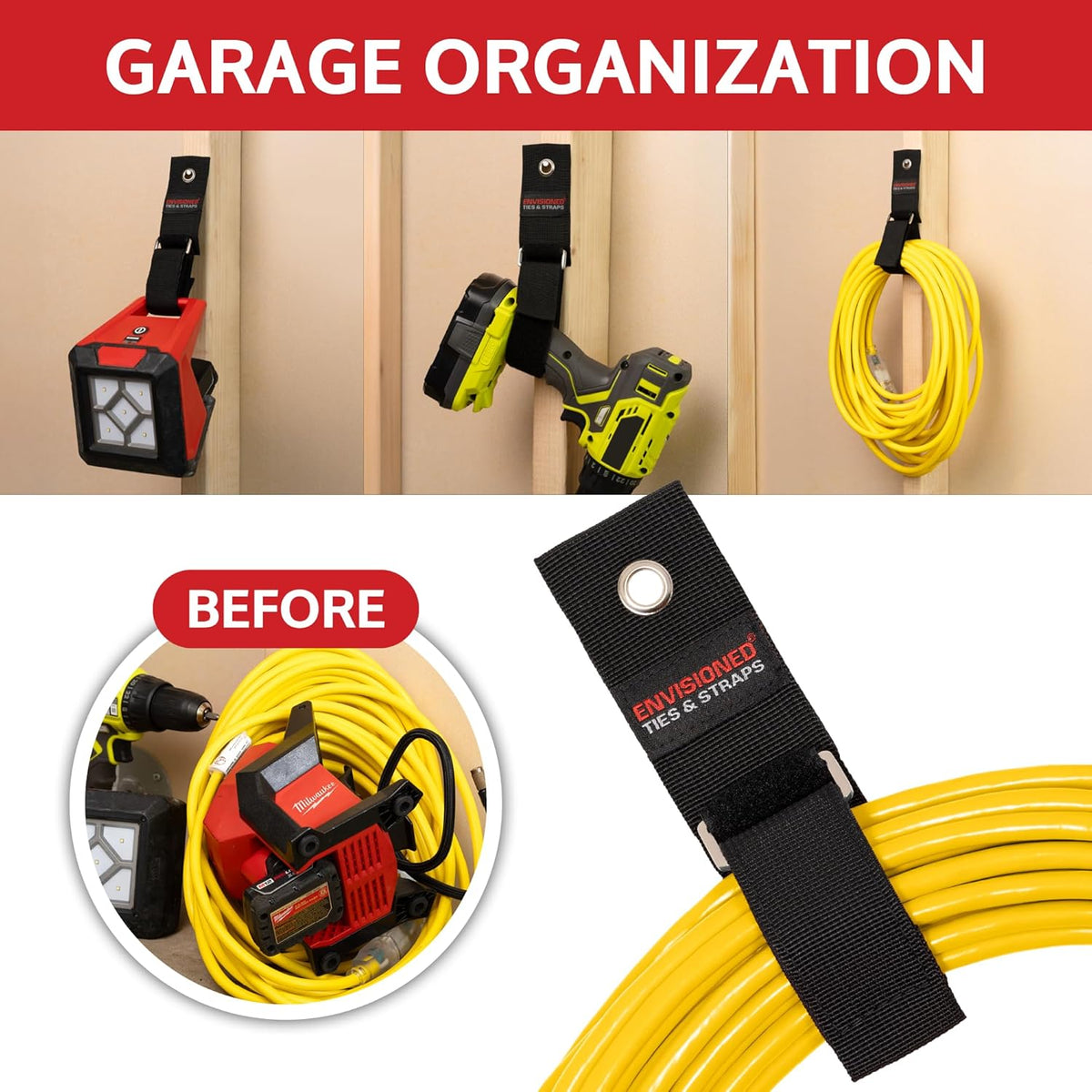 Heavy Duty Hanging Storage Cinch Straps with Metal Buckle (4 Pack, 1.5" x 20") - Electrical Extension Cord & Garden Hose Holder, Cable Management, Storage Organizer in Garage, Workshop - ENVISIONED