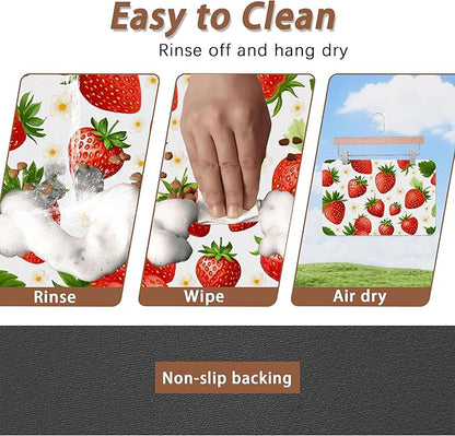 Cute Strawberry Flower Dog Cat Food Mat,Absorbent Pet Feeding Mat with Rubber Backing,Non-Slip Water Bowl Placemat,Indoor Pet Accessories Supplies 16"x24"