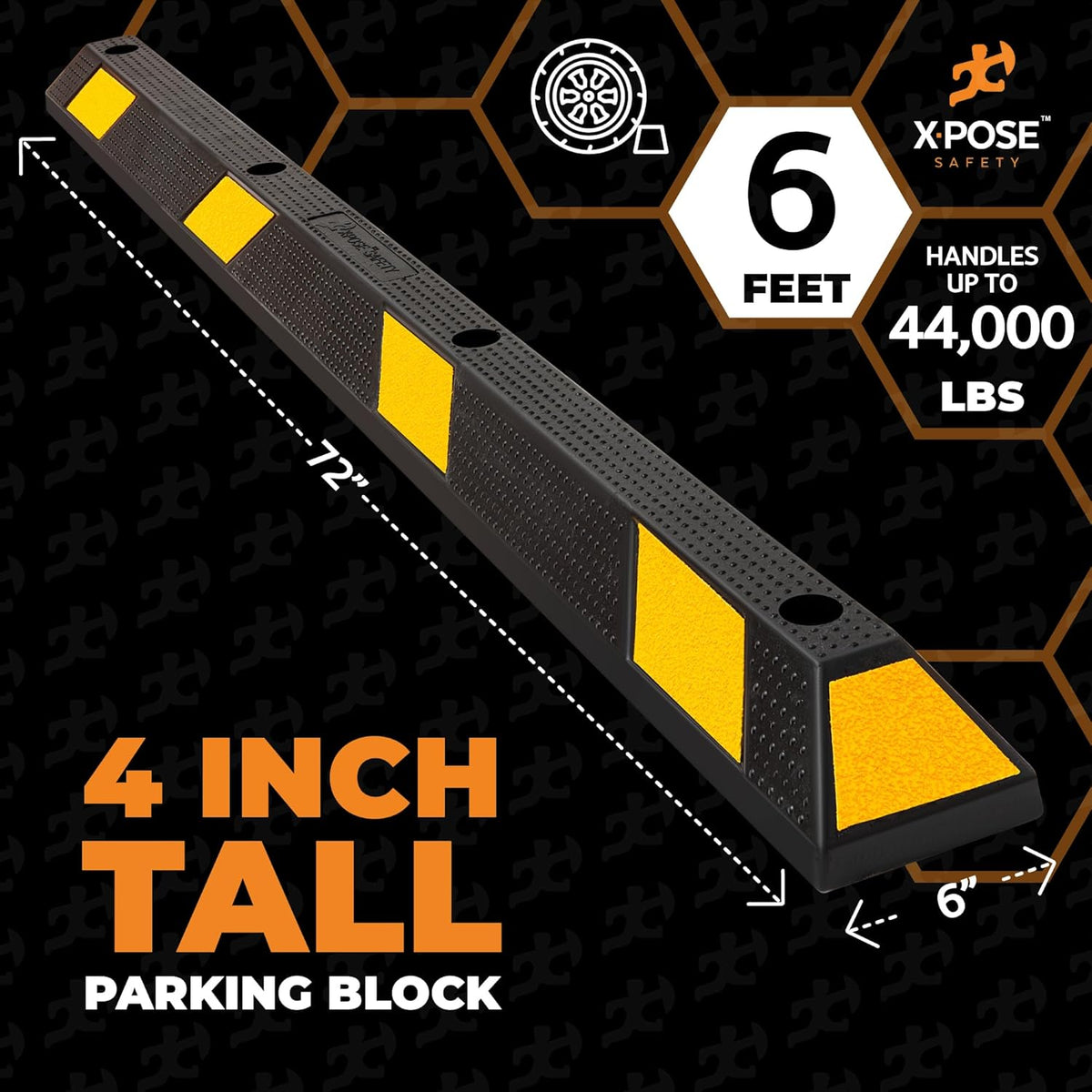 Xpose Safety 72" Heavy Duty Rubber Parking Stopper – 1 Pack Wheel Blocks for Garage, Driveway, or Ramp – Car Bumper Stop with Yellow Reflective Strips – Removable Floor Mount