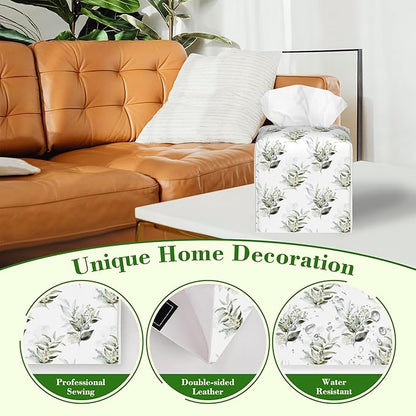 Watercolor Floral Flower Tissue Box Cover,Green Eucalyptus Leaves Waterproof Leather Square Tissue Box Cover Case Facial Paper Organizer Dispenser Box Holder for Home Office Bathroom Vanity Countertop