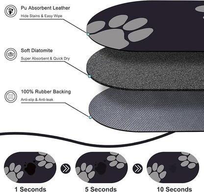 METEOROCK Pet Feeding Mat – 20''x12'' Absorbent Dog Food Mat, Pet Water Mats Protect Floor, No Stains Quick Dry Bowl Mats, Non-Slip Rubber Base Pets Placemats for Food and Water, Black Paw
