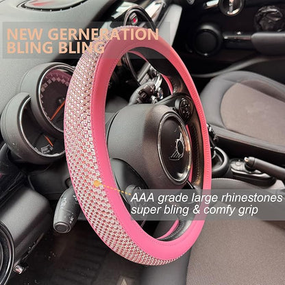 PINCTROT Large Size Bling Comfy Steering Wheel Cover with Jumbo Crystal Rhinestones, Anti-Slip Diamond Leather, 15.5-15.75 Inch (All Pink)