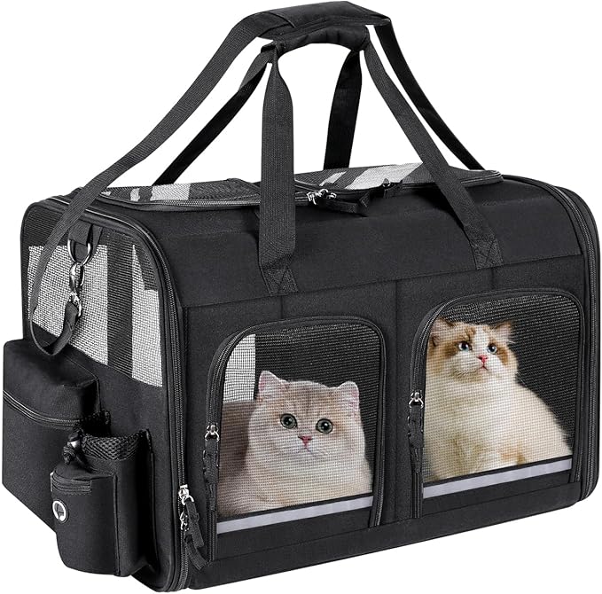 Groxkox Cat Carrier for 2 Cats, Foldable Double Cat and Dog Carrier, Small to Medium Size, 2 Front Zippered Compartments,Two Pets Carrier for Outdoor Travel,Mulitple Cat Carrier (Black)